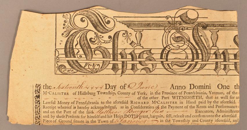1763 deed printed at ephrata cloister