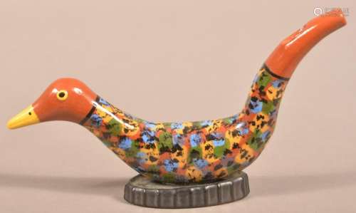 James Seagreaves Glazed Redware Bird-Form Whistle.