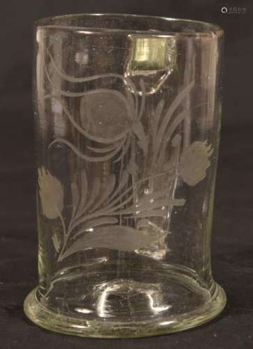 Stiegel Type Engraved Blown Colorless Glass Mug.