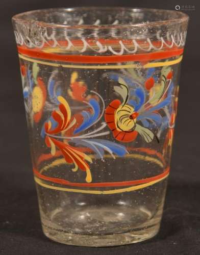 Stiegel Type Enamel Decorated Colorless Glass Tumbler.