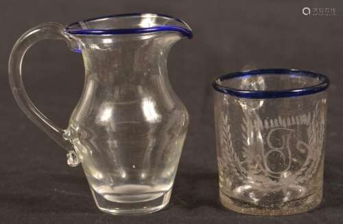 Colorless Glass Cobalt Rim Cream Pitcher & Child's Mug.