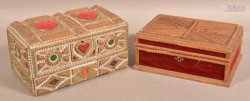 Two Antique Tramp Art Trinket Boxes.