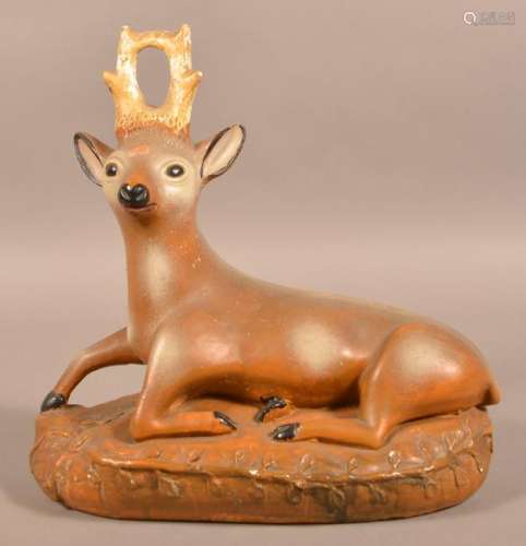 Large Antique Hollow Body Chalkware Reclining Stag.