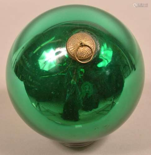 Large Antique French Green Glass Ball Form Kugel.