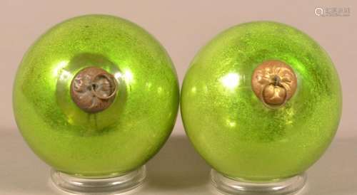 Two Antique German Green Glass Ball Form Kugels.