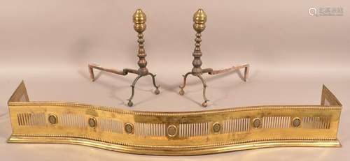 Pair of Antique Brass Andirons and Fireplace Fender.