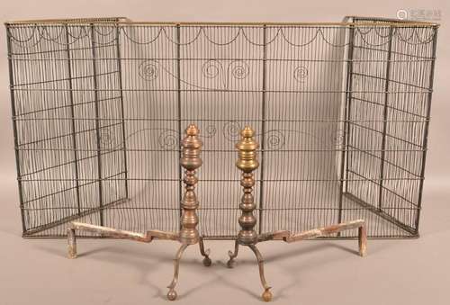 Antique Brass Andirons and Wire Fire Screen.