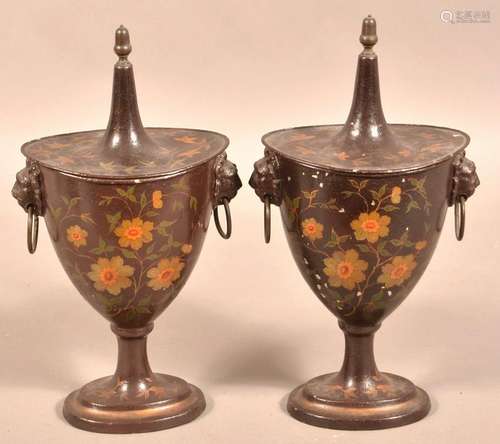 Pair of 19th Century Tin and Iron Covered Urns.