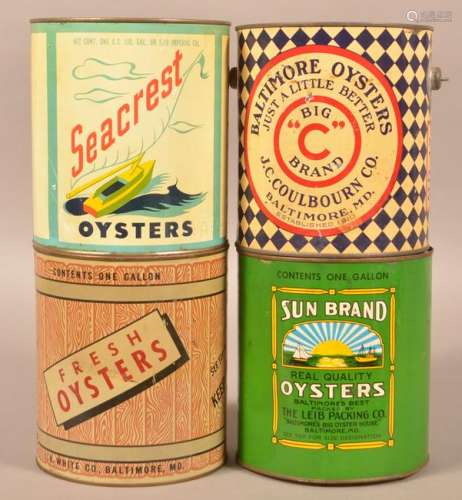 Four Various One Gallon Oyster Tins.
