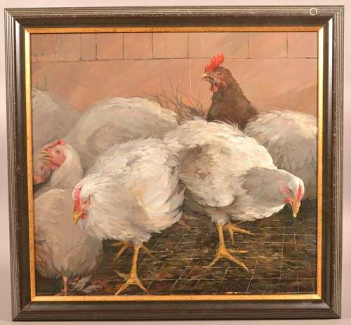Oil on Panel Painting of Chickens.