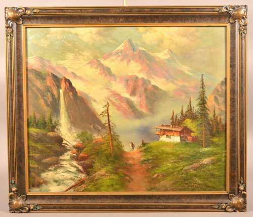 Alpine Mountain Scene Oil on Canvas Painting.