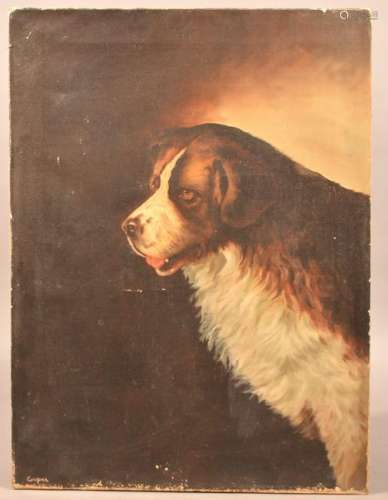 Antique Oil on Canvas Painting of a Saint Bernard.