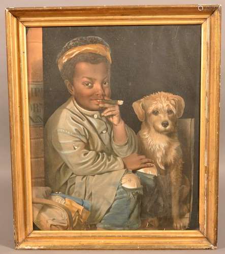 Color Lithograph of a Boy Smoking a Cigar with His Dog.