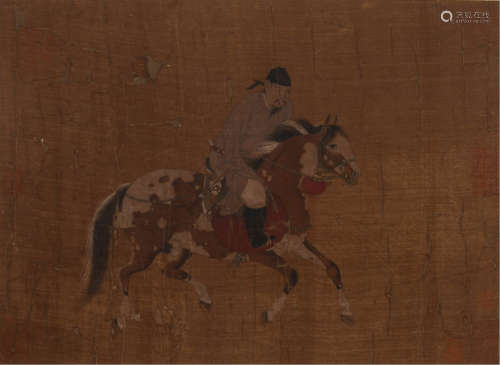 早期佚名手绘“宋人骑马图”设色绢本一件。