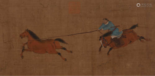 早期佚名手绘“胡人套马图”设色绢本一件。