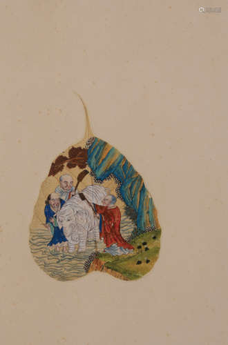 清代佚名手绘“三罗汉侍万年宝象图”菩提页彩绘画作一件。