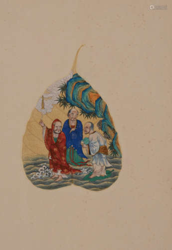 清代佚名手绘“三罗汉翩舟永渡图”菩提页彩绘画作一件。