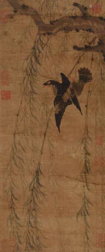 清代佚名手绘“垂柳飞禽图”设色绢本一件。