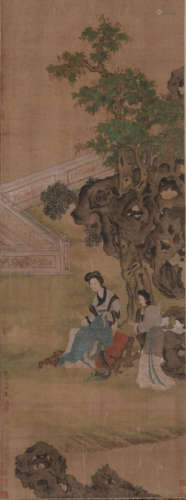 明代画家仇英（款）彩绘“汉宫丽人图”仕女画作一幅。