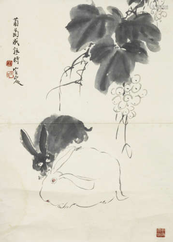 陈定山(1897-1987)  葡萄双兔 扇片 镜框