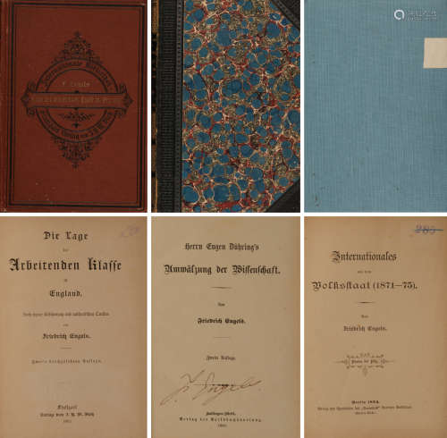 1886年恩格斯着德文版《反杜林论》硬皮精装本一册全（本书为恩格斯亲笔签名本）；另附1892年恩格斯着德文版《反杜林论》以及1894年恩格斯着德文版《国际问题论文集（1871-1875）》等，共计3套3册全。