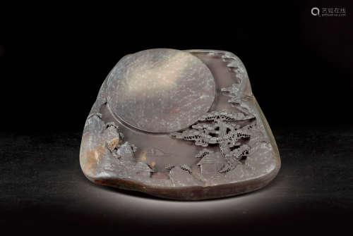 現代  凍岩端石雕山水紋硯