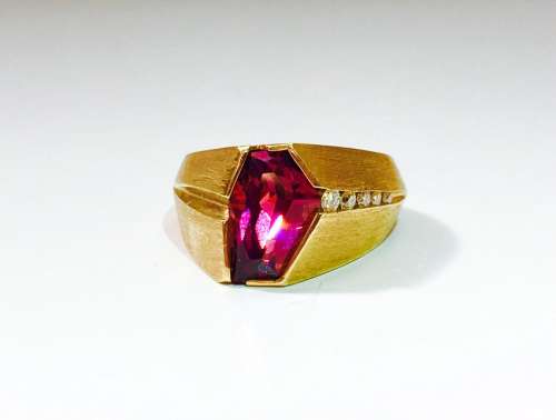 14K Yellow Gold, Fancy Cut Rubellite and Diamond Ring.