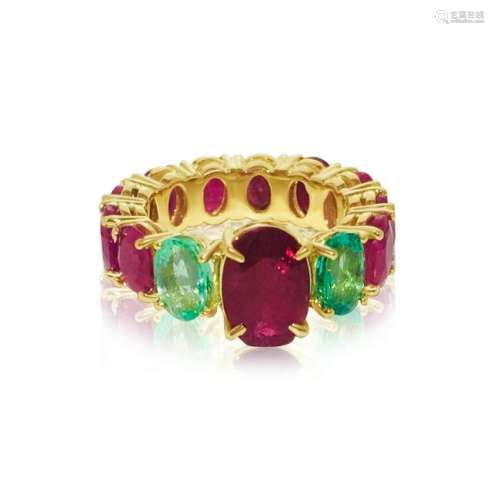 GIA Cert, 12.70 CT Ruby & Emerald; 14k Yellow Gold Ring