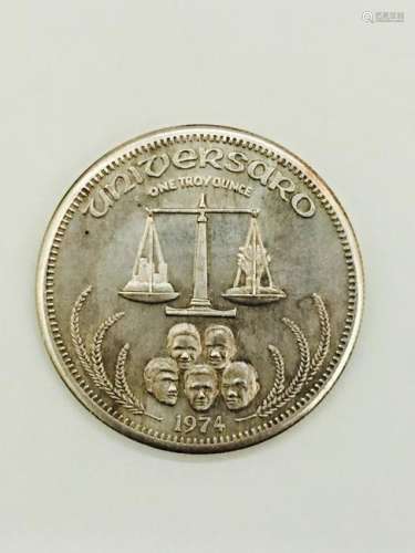 1974 Universaro Sterling Silver Coin. 1 Ounce.