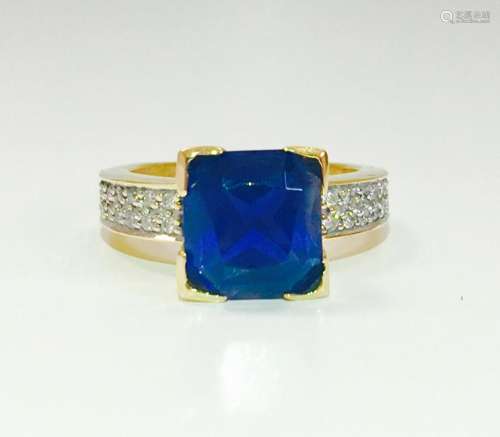 14k Gold, Blue Sapphire & Diamond Womens Vintage Ring