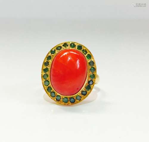 21K Gold Fancy Green Diamond And Coral Ring