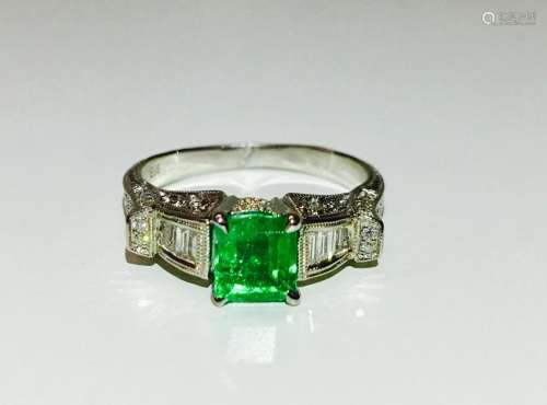14k white gold. 1.5ct Emerald and Diamond Ring