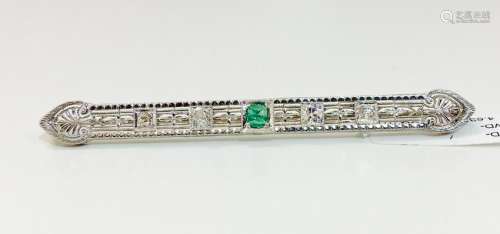 Antique, Emerald and Diamond Pin in 14K White Gold