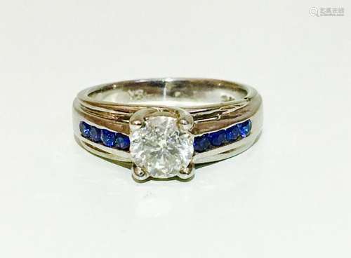 18K, 1.70 Carat Diamond and Blue Sapphire Ring