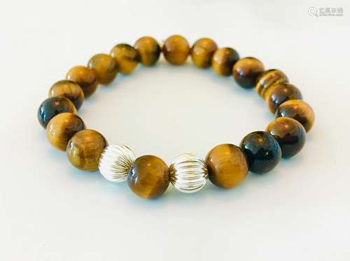 Natural Tiger Eye & Sterling Silver Unisex Bracelet