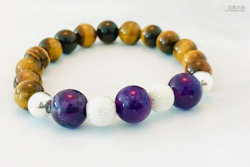 Natural Tiger Eye, Amethyst & Sterling Silver Bracelet