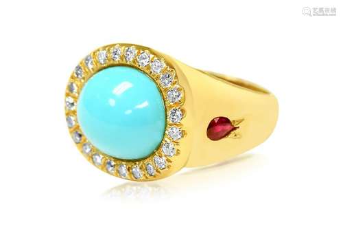 18k Yellow Gold. Natural Turquoise, Ruby & Diamond Ring