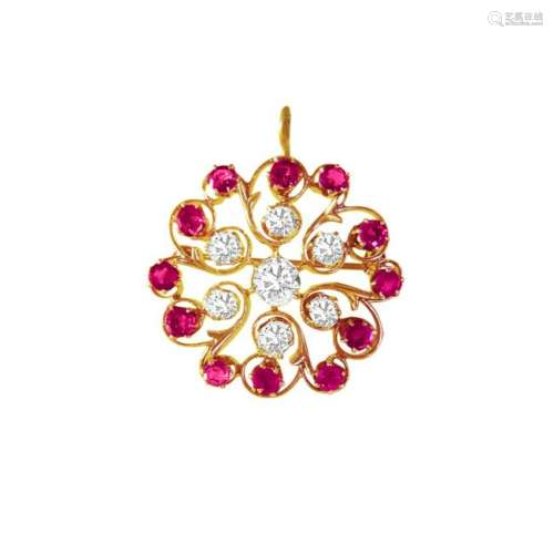 Antique European; 3.70 Ct Diamond and Ruby Pin. (GIA)