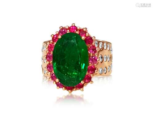 18k Gold, 9.80 Carat Emerald Ruby & Diamond Ring (GIA)