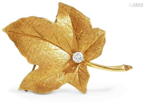 14K Gold Maple Leaf Brooche, 1/2 carat Diamond.