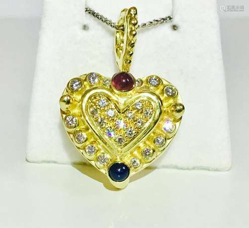 18K, 1.25 CT diamond, ruby and sapphire Heart Pendant