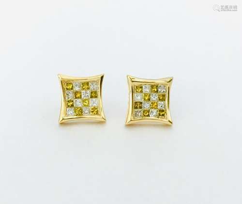 14K Gold, White & Fancy Yellow Diamond Earrings