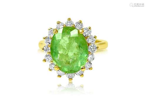 14k Gold, Natural 6.50 Carat Emerald & Diamond Ring