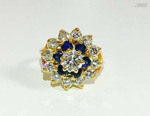 18K Gold. 2.12 Carat Diamond and Blue Sapphire Ring