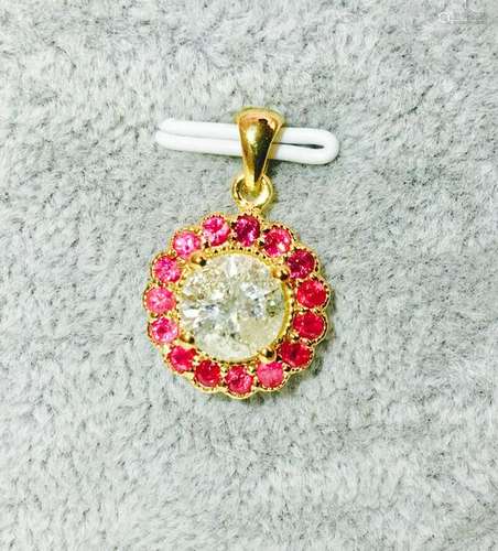 (GIA) 14K Yellow Gold, Diamond and Burma Ruby Pendant