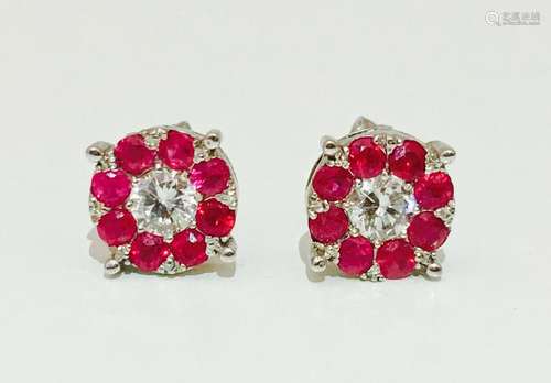 1.30 Carat Diamond & Ruby Studs in 14K White Gold