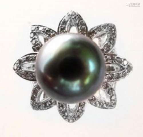 Tahitian Pearl 11mm Diamond Ring 1.48Ct 18k W/g