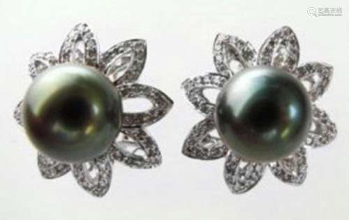 Tahitian Pearl 11 mm Diamond Earrings 2.88Ct 18k W/g