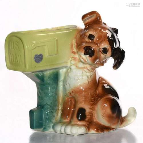 ROYAL COPLEY CERAMIC PLANTER, PUPPY WITH MAILBOX