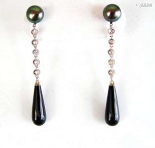 Diamond-Pearl-Onxy Earrings Dangle 14k W/g